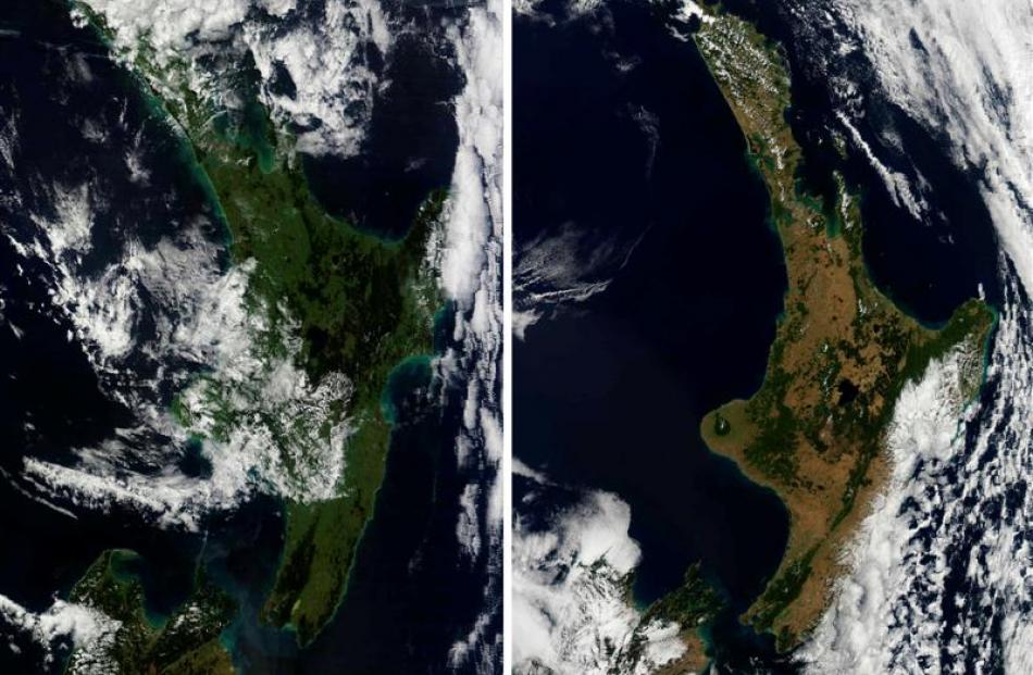 Dramatic satellite images of the North Island (above)  taken a year apart - yesterday and March...