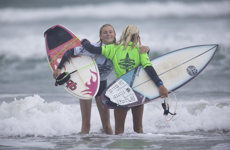 Queen’s surfers Tessa Gabbott (left) and Rewa Morrison at the New Zealand Grom Series in...