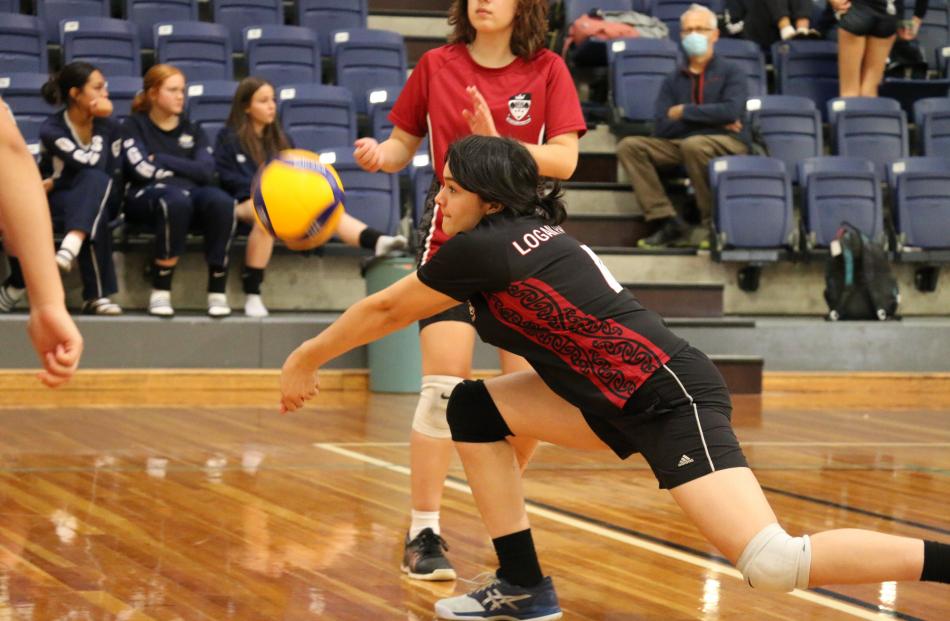 Sylvia Baeumer (Logan Park) receives a ball from a serve at the Otago volleyball championships at...