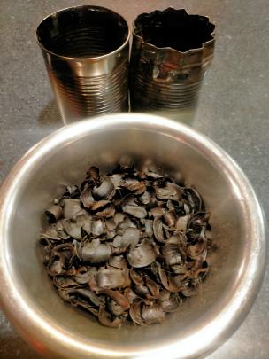 The nuts shells as biochar, after a night in the wood burner.