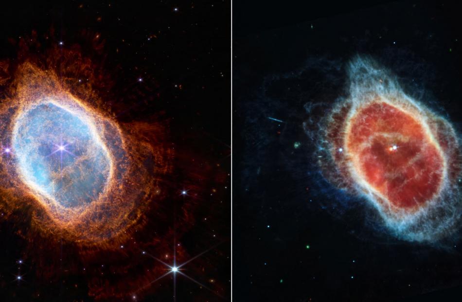 Two side-by-side images show observations of the Southern Ring Nebula in near-infrared light ...