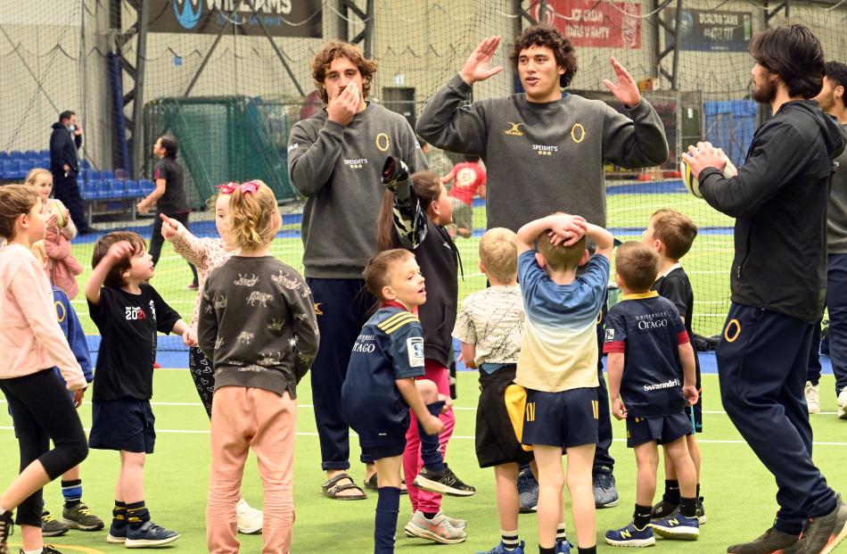 Otago players (from left) Sam Fischli, Thomas Umaga-Jensen and Josh Timu prepare for a drill with...