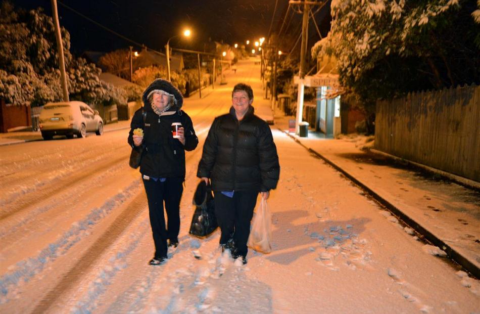 Where's these a will . . . Keryn Grice (left) and Linda Brown, both from mosgiel, walk along...