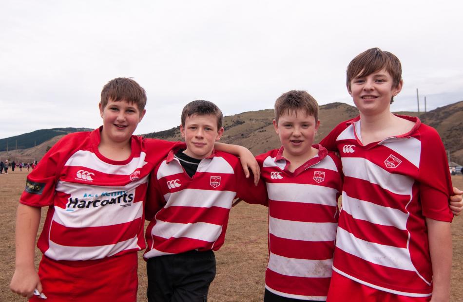 Clutha Rugby Club players Jesse Steel (13), Clark Napier (13), William Berney (13) and Patrick...