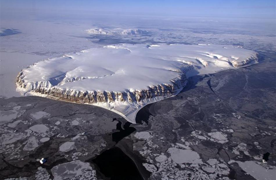 An image of Saunders Island and Wolstenholme Fjord taken for Operation IceBridge, a NASA survey...