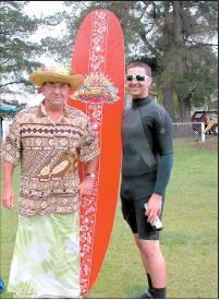 Surf’s up: Tropical attire was the order of the day for John Pearce (left) and Forest Taplin,...