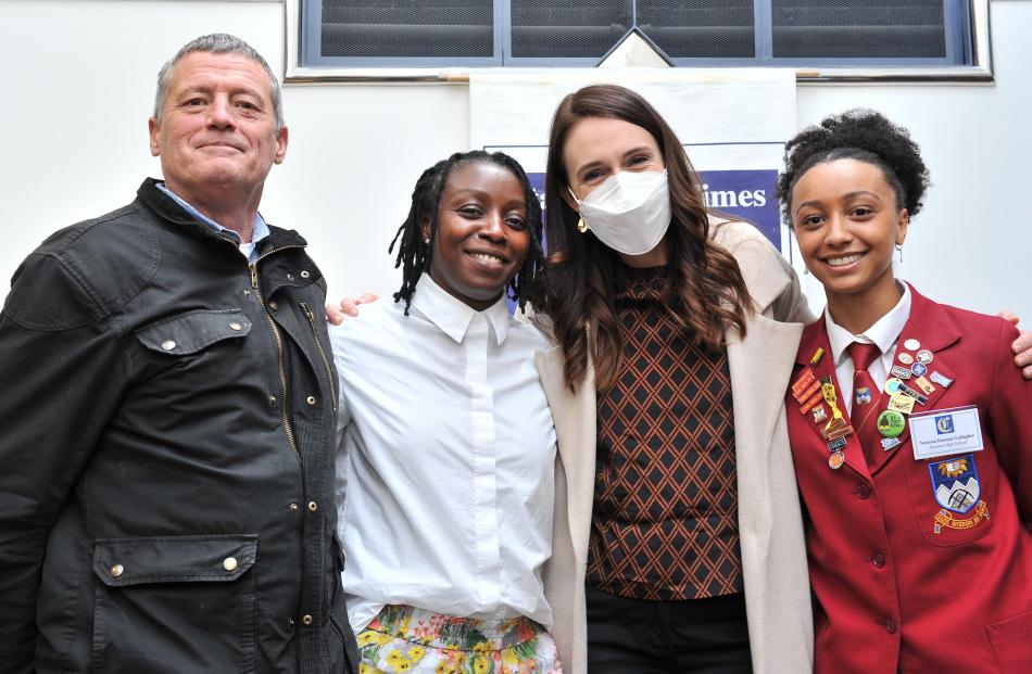 Kevin and Dansoa Gallagher pose with Ms Ardern and Dunstan High School pupil Vanessa Gallagher....