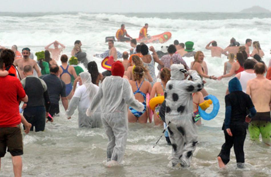 Polar Plunge swimmers submerge at Middle Beach in Dunedin yesterday.