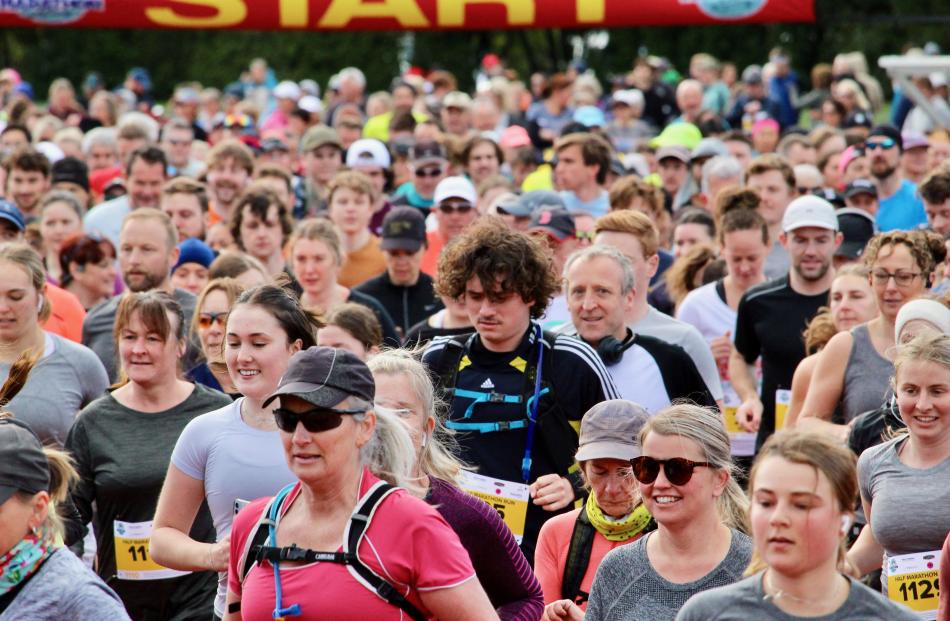 The race gets under way at the start of the half marathon at the Caledonian track, Logan Park on...