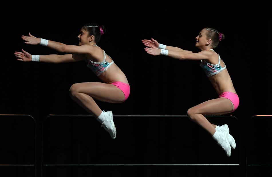 Holly Wetherall and Charlotte Bloxham from Columba College compete in the Pre-Chore Intermediate...