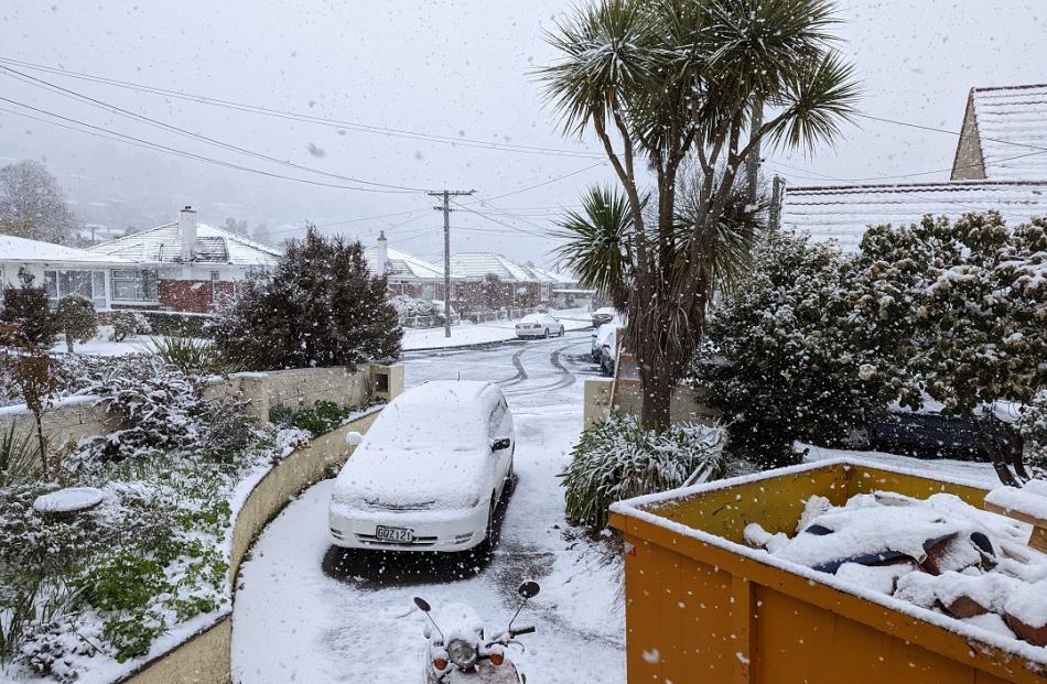 Snow was still falling in Dunedin's North East Valley on Thursday morning. Photo: Vaughan Elder