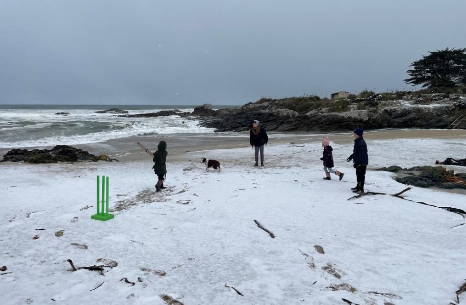 The Simms and Stewart family playing beach cricket at Bull Creek. Photo: Andrew Simms
