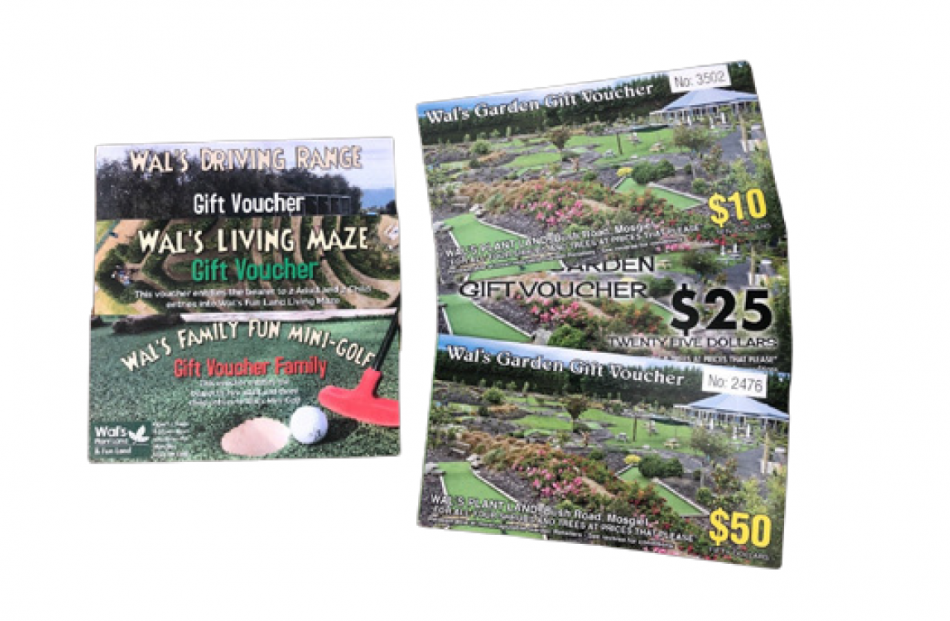 Wal’s Plant and Fun Land Vouchers. For the Garden & Giftware, Living Maze, Mini Golf and Driving...