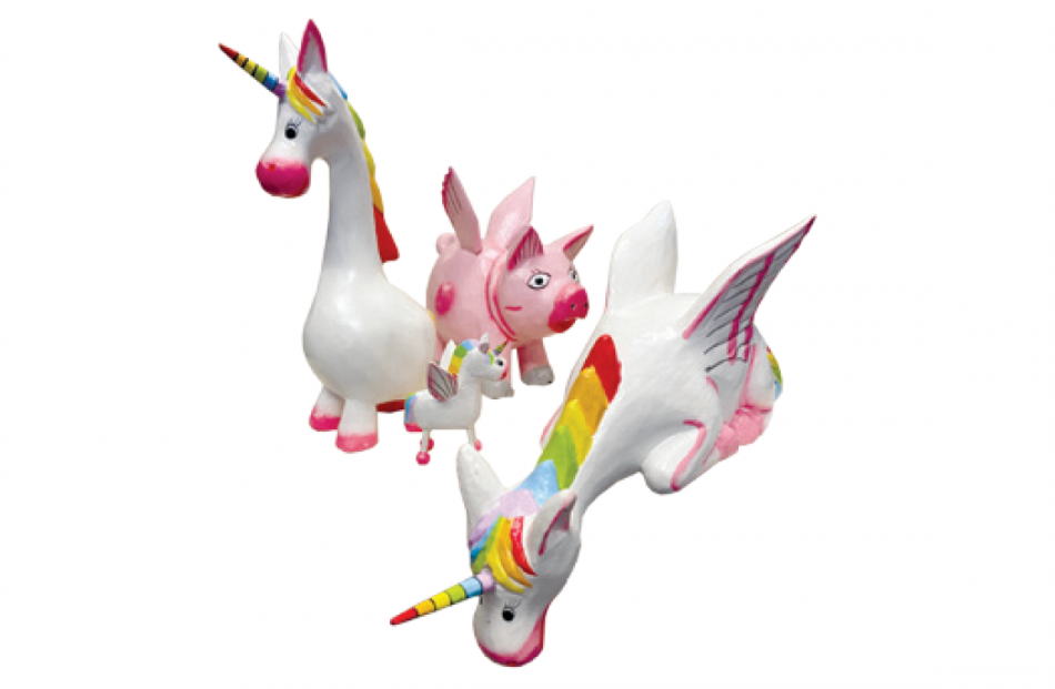 Unicorn and When Pigs Fly statues - prices vary from Yaks and Yetis