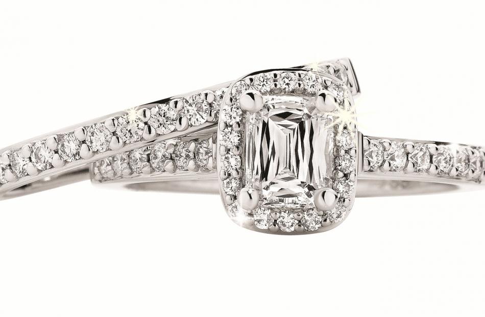 Bridal set in 18ct white gold and ``crisscut'' diamonds at Daniels Showcase Jewellers.