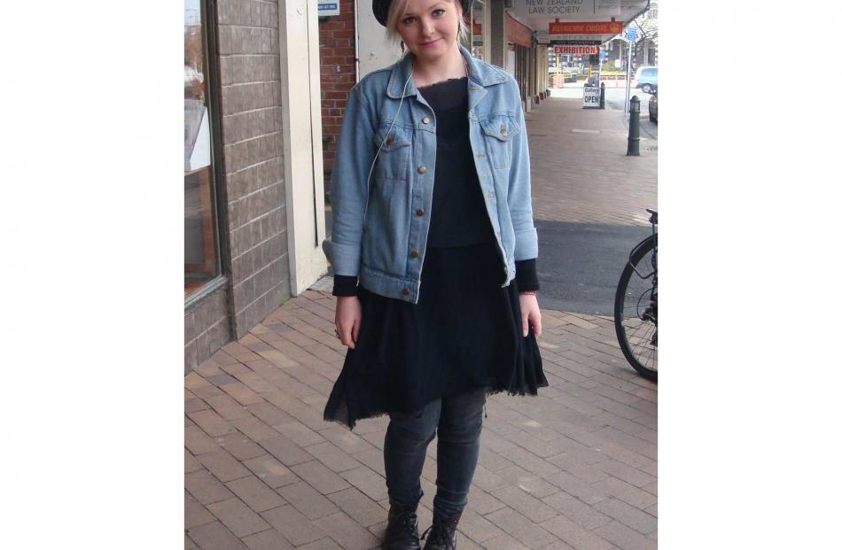 Shelley - Jacket is borrowed from a friend, top is from an op shop, dress she made herself, jeans...
