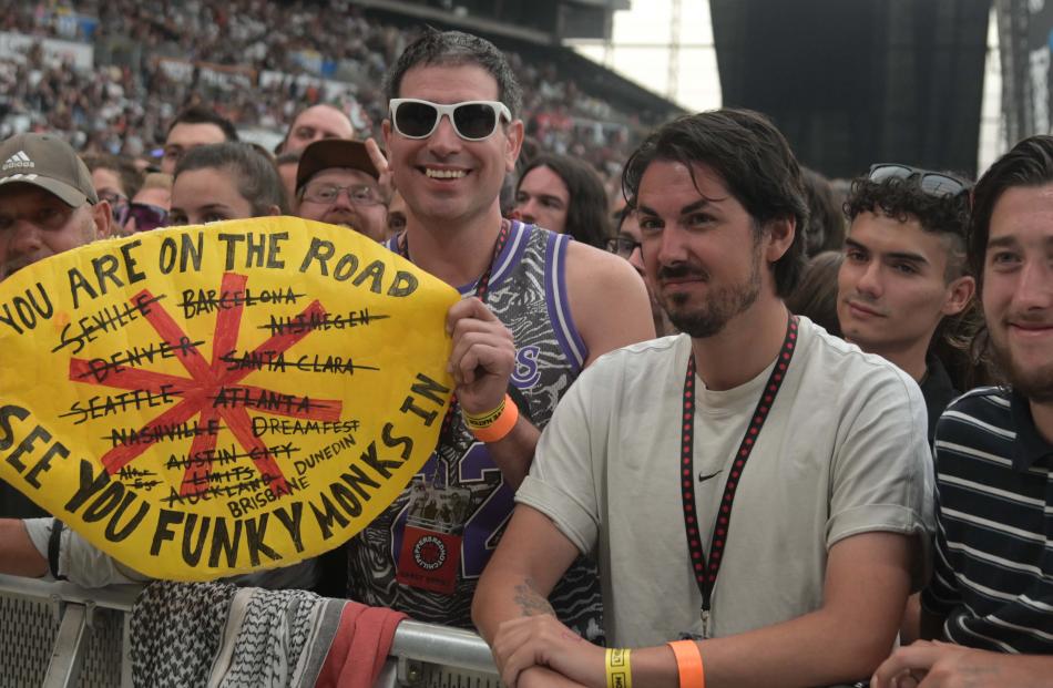 Fans enjoy the Red Hot Chilli Peppers at Forsyth Barr Stadium. Photo: Craig Baxter.