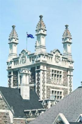 The tower of R.A. Lawson's impressive Tudor-style Otago Boys High School building, on its...