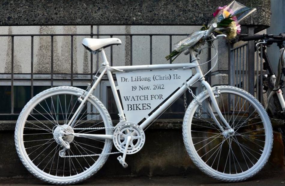 A white bicycle memorial to Dr He that was installed outside Dunedin Hospital yesterday.