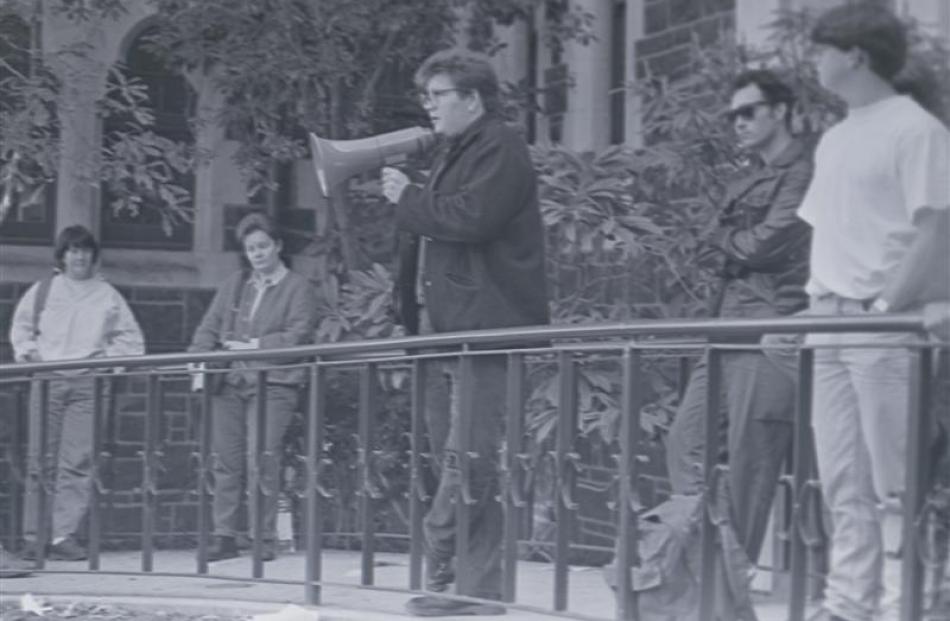 Grant Robertson making a speech 20 years ago to a ''raucous'' protest. Photo from ODT files.