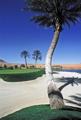 The palm-fringed green at Reflection Bay's par-4 seventh, at Lake Las Vegas Resort.