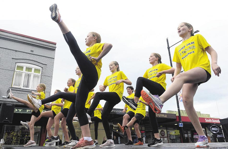 Members of the St Clair School Jump Jam Nationals team show patrons at the South Dunedin Street...