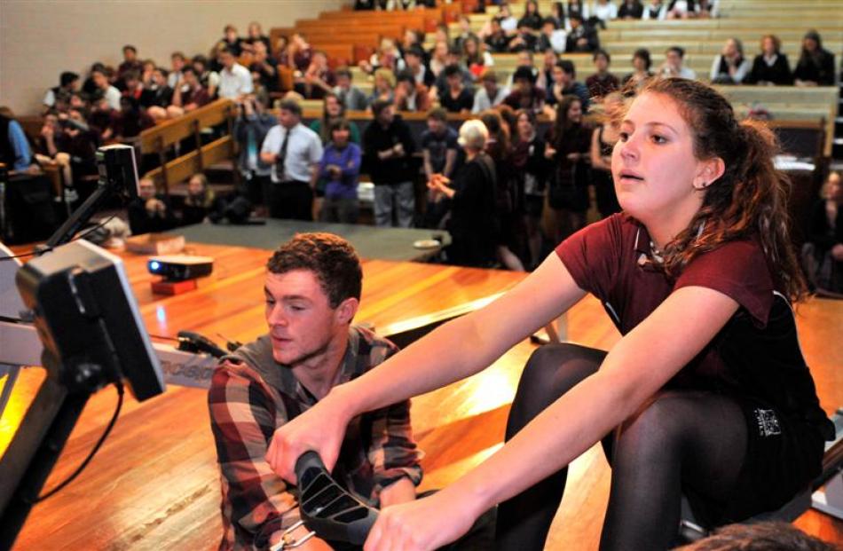Logan Park High School pupil Aria Nader-Turner (14) rows in the school hall yesterday in the...