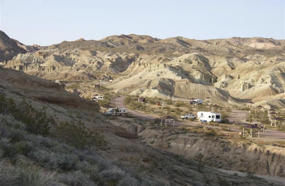 Rainbow Basin in inland Southern California is typical of much surrounding arid land. Campsites...