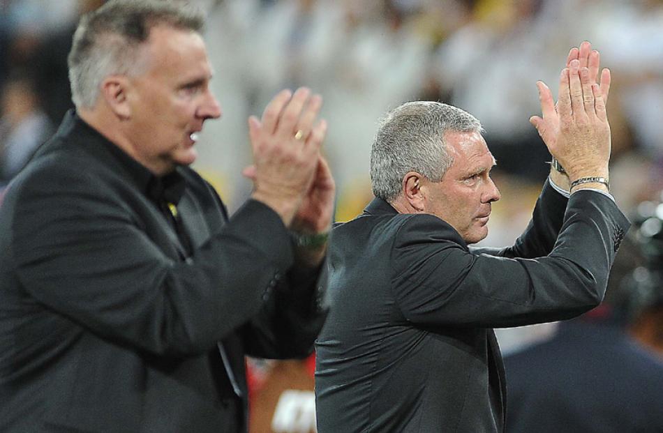 All Whites coach Riki Herbert and Brian Turner applaud at the end of match.