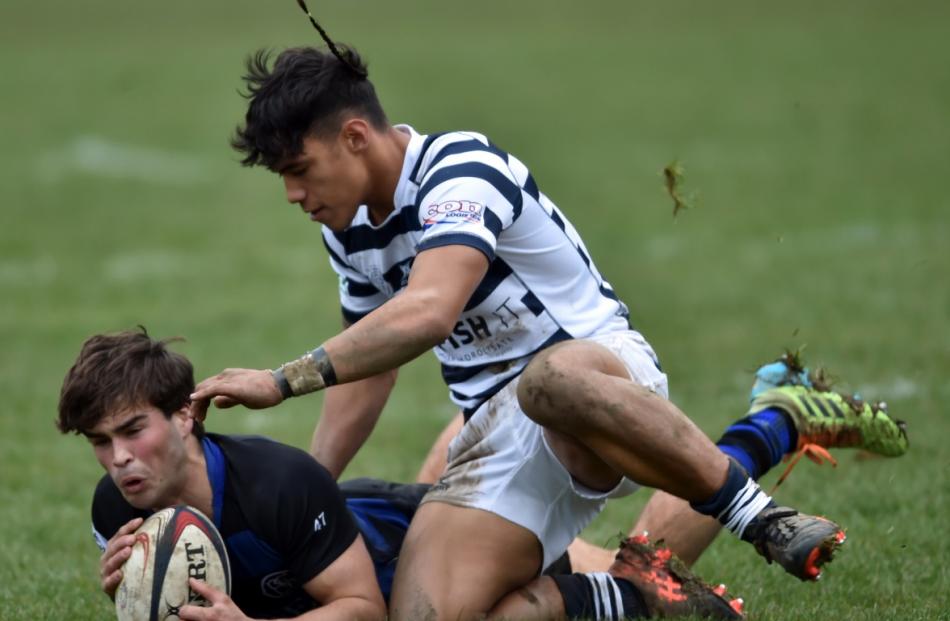 Rugby action from the interschool between Otago Boys' High School and Christchurch Boys' High...
