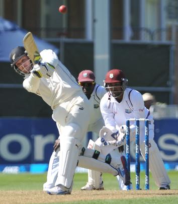 Brendon McCullum plays a stroke on day one of the first test between New Zealand and the West...