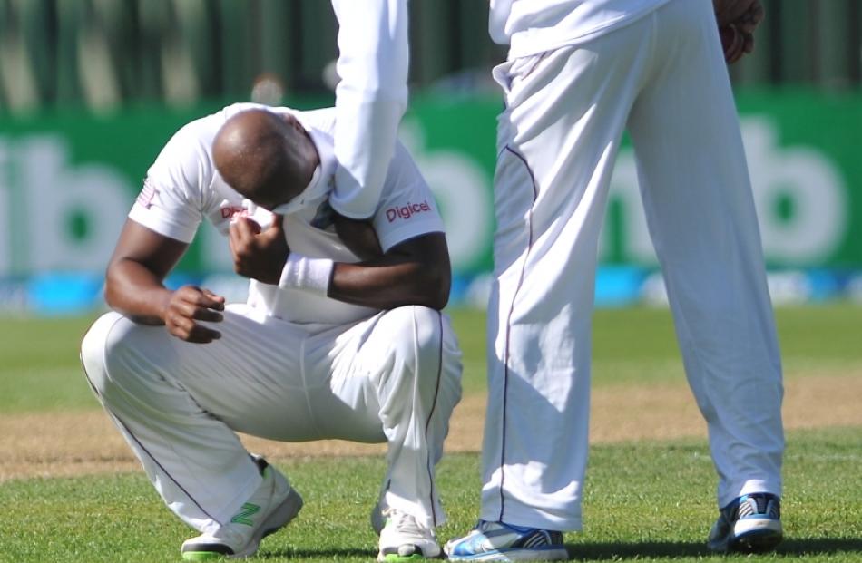 Tino Best shows his frustration on day one of the first test between New Zealand and the West...