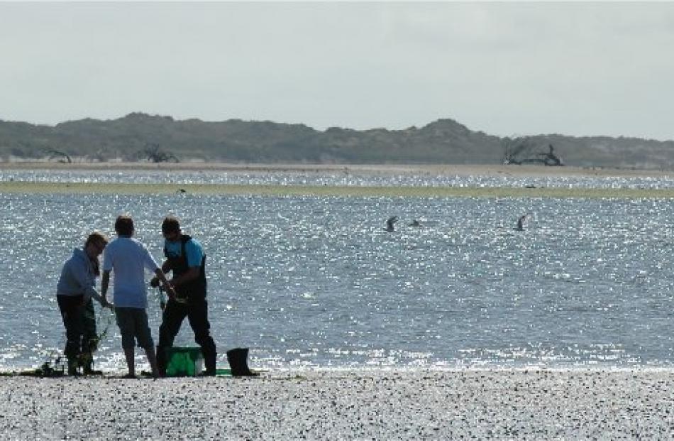 Teens tend to a fishing net at Fortrose, where the Mataura River meets the sea.