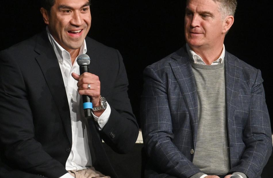 Mils Muliaina (left) and Tim Horan were special guests at a special Bledisloe lunch in Dunedin...