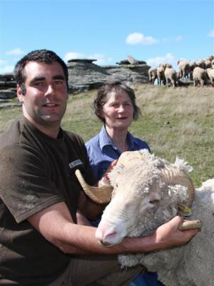 William Jones and his mother Juliet with one of the family's Matarae stud merinos which produce a...