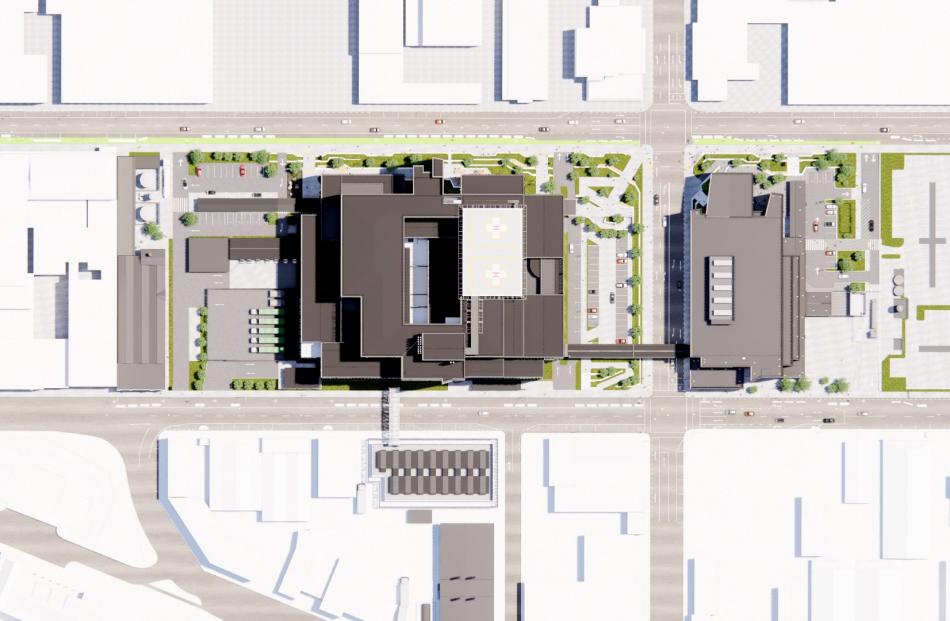 A bird’s eye view plan of the inpatient building (left) and outpatient building.