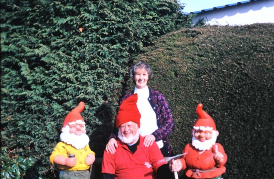 Kay McCallum (at back) and her gnomes in the Falkland Islands.