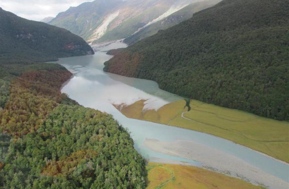 The lake formed by Saturday's Dart Valley landslip.