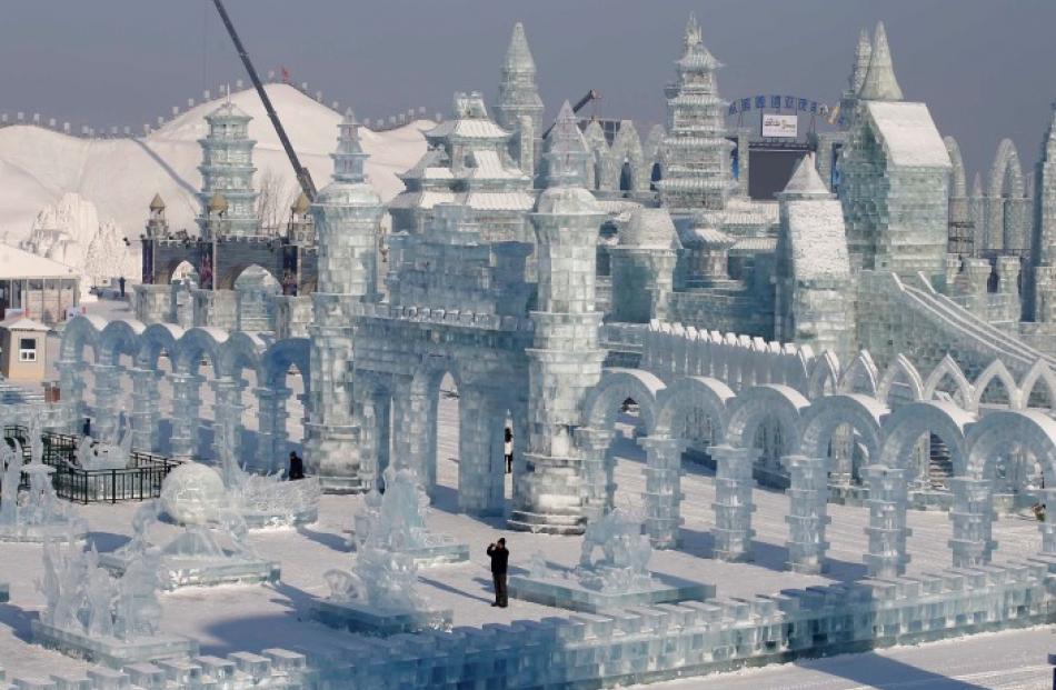 A man takes a picture of ice sculptures. REUTERS/Kim Kyung-Hoon