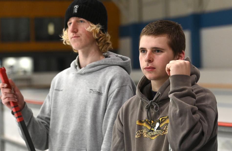 South Island schools ice hockey (Dunedin) - King’s High School players Aidan Blair (left) and...