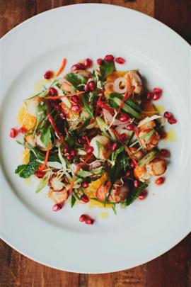 Seared scallops with chilli, grapefruit and pomegranate.