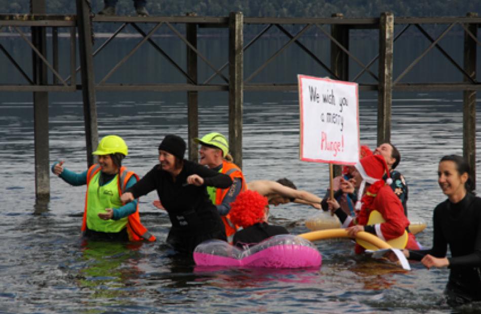 IMG 7173: Plungers enjoying the 10 degree water temp.  Photo Julie Walls