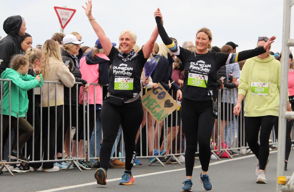 Finishing the 10km walk on Sunday are Kerryn McLean (left) and Rachael Bowering.

