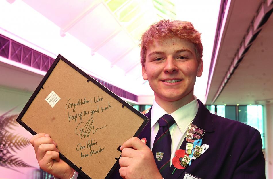 Roxburgh Area School pupil Luke McKerchar shows off his Class Act certificate signed by Prime...