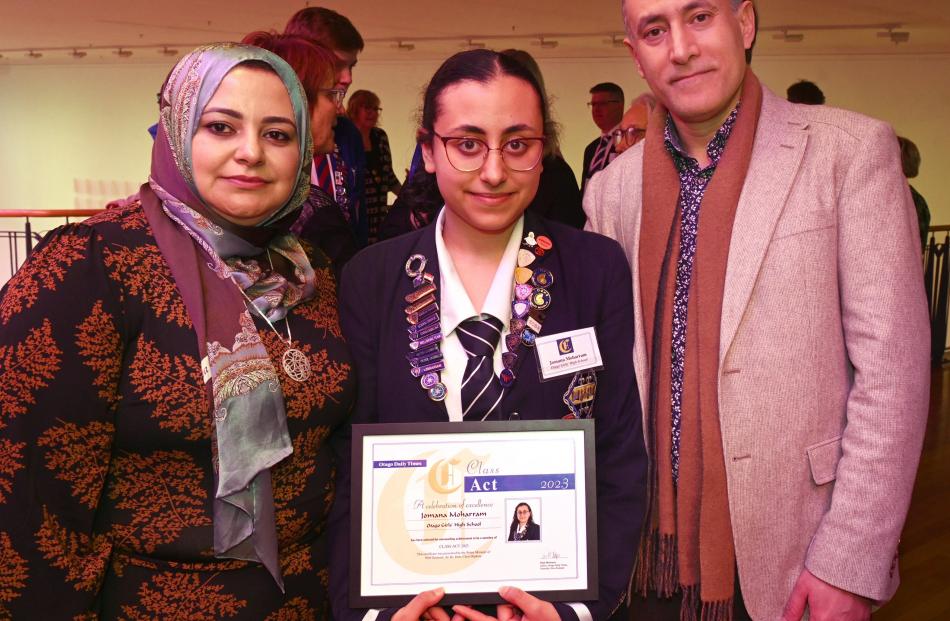 Otago Girls’ High School pupil Jomana Moharram with her parents, Mona Erbalshy and Mohammed...