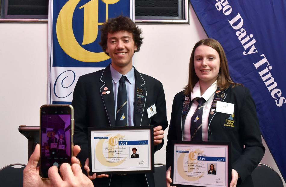 Cromwell College Class Act pupils Angus Drinnan and Kaia Hutchinson pose for a photo yesterday....
