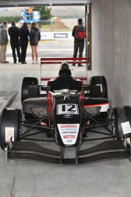 Pedro Piquet's TRS racing car sits in the scrutineering garage at Highlands Motorsport Park....