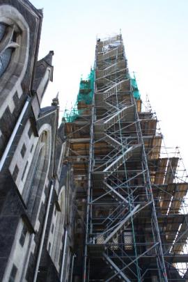 Scaffolding encases the Iona Church bell tower.