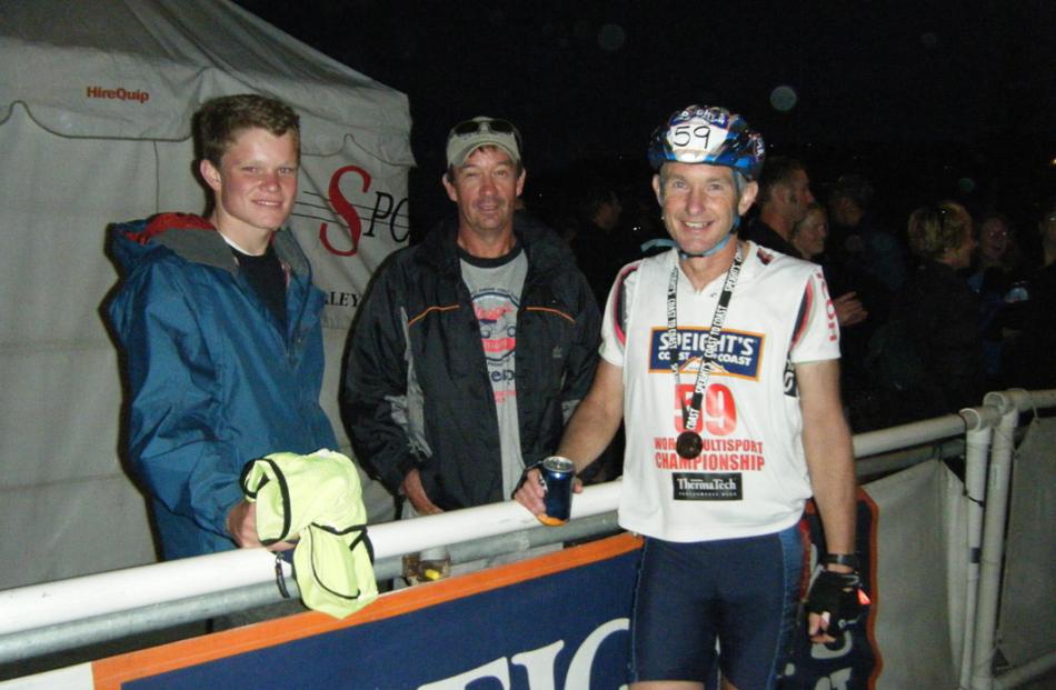 Michael Gray of Dunedin, and Angus Smith of Christchurch at the finish, with Murray Gray of...
