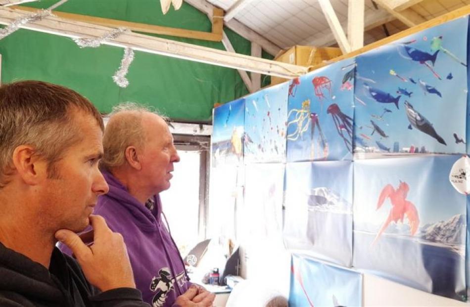 Peter Lynn Kites co-owner Simon Chisnall (left) and Peter Lynn check out some of their past...